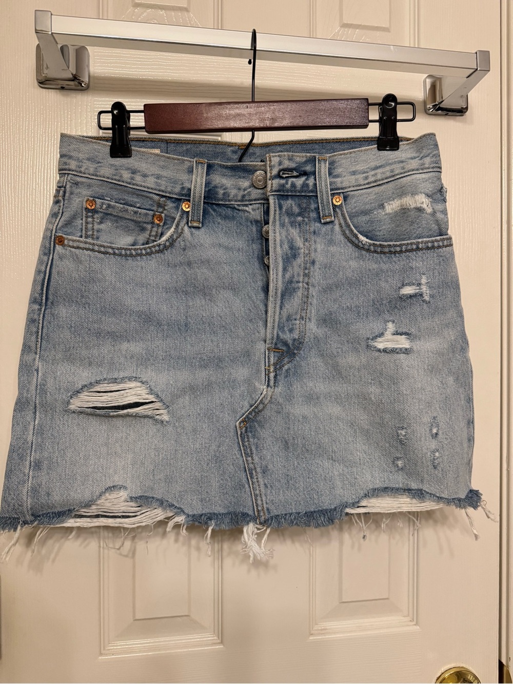 Levi's Light Blue Distressed Denim Mini Skirt with Frayed Hem